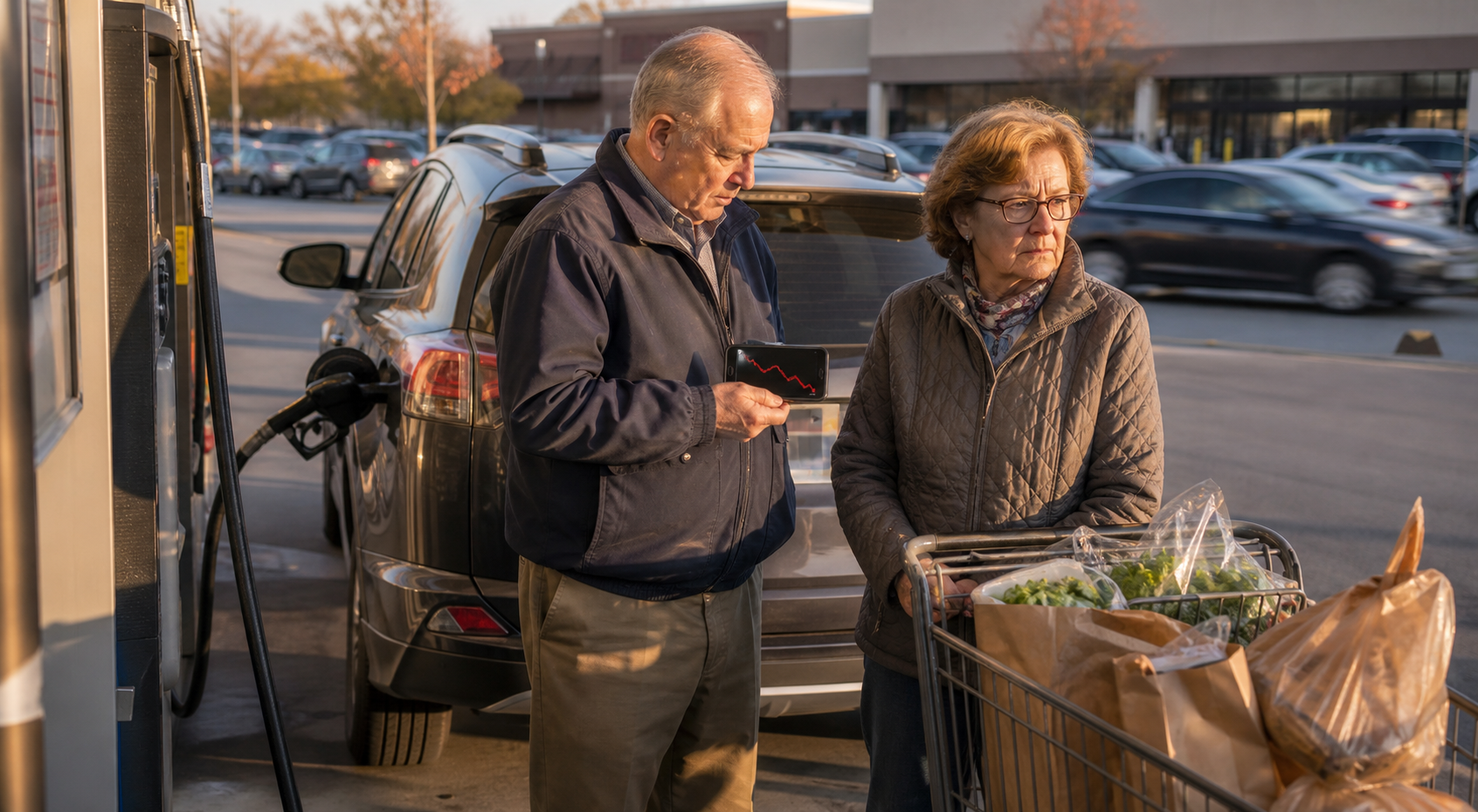 Older couple at a gas station with groceries and a phone showing a falling account line during the 2022 inflation shock.